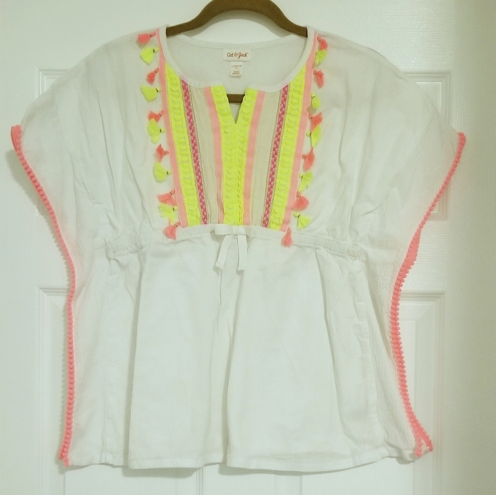 Cat & Jack  boho Fringe pom pom girl Neon Green pink Tops blouse Size L(10/12)
